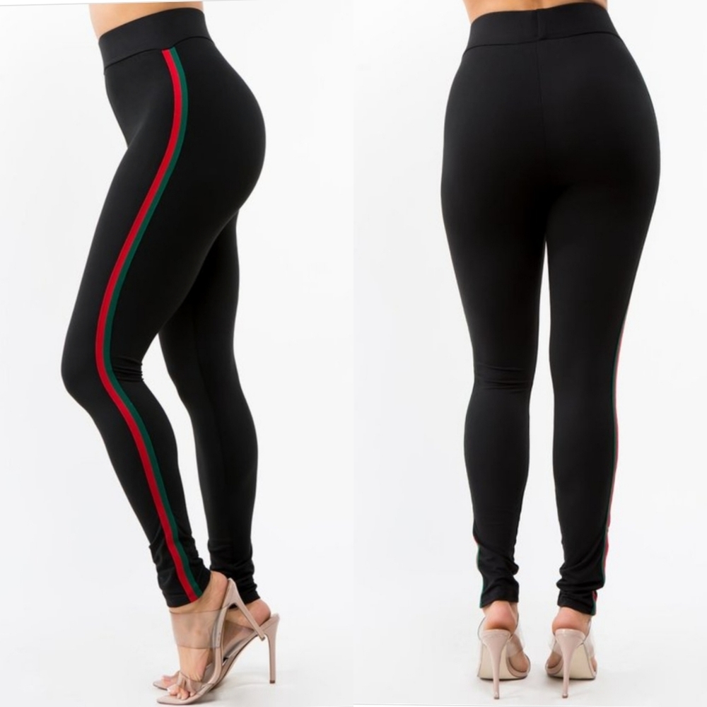 High Waisted Leggings Black or White with Green Red side tape stripes S/…